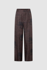 Front product shot of the Oroton Scribble Tree Pyjama Pant in Chocolate and 100% silk fabric for Women .