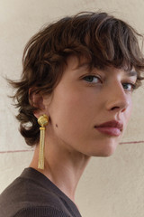 Profile view of model wearing the Oroton Naia Tassel Earrings in Worn Gold and Brass material for Women . IP:3