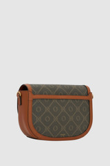 Back product shot of the Oroton Yvonne Signature Medium Saddle Bag in Cognac and Nylon canvas base cloth material with PVC coating (70% PVC, 30% polyester) for Women .