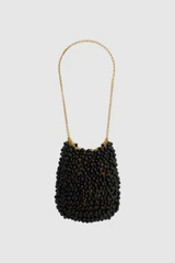Front product shot of the Oroton Vera Evening Bag in Black and Linked brass O ring chain with coated copper balls for Women .