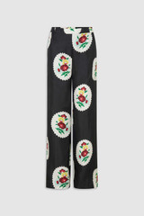 Front product shot of the Oroton Folk Doilie Print Pyjama Pant in Black and 100% silk twill fabric for Women .