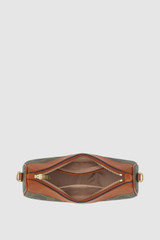 Internal product shot of the Oroton Harvey Signature Crescent Shoulder Bag in Black/Cognac and Nylon canvas base cloth material with PVC coating (70% PVC, 30% polyester) for Women .