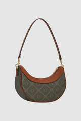 Back product shot of the Oroton Harvey Signature Crescent Shoulder Bag in Black/Cognac and Nylon canvas base cloth material with PVC coating (70% PVC, 30% polyester) for Women .