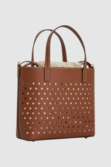 Back product shot of the Oroton Polly Perforated Small Tote in Cognac and Premium smooth leather for Women .