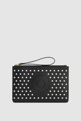 Front product shot of the Oroton Polly Perforated Medium Pouch in Black and Premium smooth leather for Women .