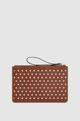 Back product shot of the Oroton Polly Perforated Medium Pouch in Cognac and Premium smooth leather for Women .