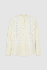Front product shot of the Oroton Long Sleeve Broderie Trim Shirt in SOFT CREAM and 100% heavyweight linen fabric for Women .