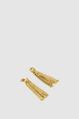 Detail product shot of the Oroton Mara Long Tassel Earrings in Worn Gold and Premium brass material for Women .