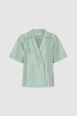 Front product shot of the Oroton Short Sleeve Wrap Shirt in Glass and 100% silk dupion fabric for Women .