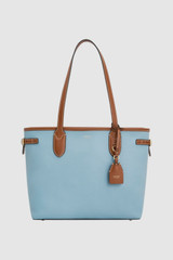 Front product shot of the Oroton Laura Medium Tote in Sky Blue/Cognac and Premium pebble leather for Women .