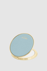 Front product shot of the Oroton Eve Round Mirror in Sky Blue and Premium pebble leather for Women .