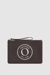 Front product shot of the Oroton Kaia Medium Pouch in Coffee Bean/Cream and Canvas material for Women .