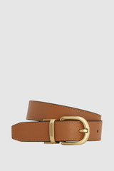 Front product shot of the Oroton Inez Reversible Brass Belt in Coffee Bean/Tan and Premium saffiano leather for Women .