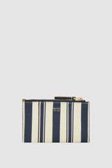 Front product shot of the Oroton Eve Stripe Mini 4 Credit Card Zip Pouch in Stripe/Cognac and PVC material for Women .