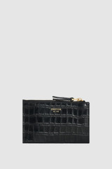 Front product shot of the Oroton Eve Texture Mini 4 Credit Card Zip Pouch in Black Texture and Premium embossed leather for Women .