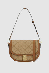 Front product shot of the Oroton Yvonne Signature Medium Saddle Bag in Stone/Tan and Nylon canvas base cloth material with PVC coating (70% PVC, 30% polyester) for Women .