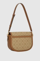 Back product shot of the Oroton Yvonne Signature Medium Saddle Bag in Stone/Tan and Nylon canvas base cloth material with PVC coating (70% PVC, 30% polyester) for Women .