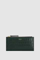 Front product shot of the Oroton Eve Texture Slim Zip Wallet in Evergreen and Premium embossed crocodile leather for Women .