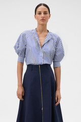 Profile view of model wearing the Oroton Sleeve Detail Stripe Shirt in North Sea/White and 100% cotton fabric for Women .