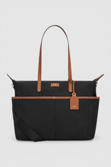 Front product shot of the Oroton Lilly Nylon Baby Bag in Black/Cognac and Nylon fabric material for Women .