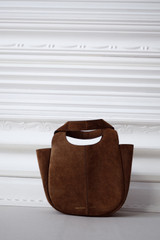 Detail product shot of the Oroton Emilia Suede Tote in Husk Brown and Premium cow suede leather for Women .