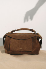 Detail product shot of the Oroton Mica Suede Large Bowler in Husk Brown and Premium cow suede leather for Women .