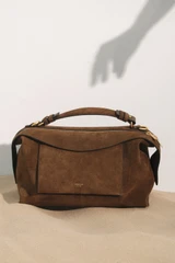 Detail product shot of the Oroton Mica Suede Large Bowler in Husk Brown and Premium cow suede leather for Women .