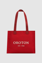 Front product shot of the Oroton Everyday Tote in Dark Ruby and Crafted from 99.9% recycled polyester material for Women .