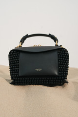 Detail product shot of the Oroton Mica Beaded Mini Bowler in Black and Premium canvas material for Women .