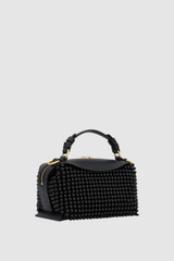 Back product shot of the Oroton Mica Beaded Mini Bowler in Black and Premium canvas material for Women .