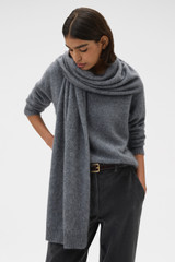 Profile view of model wearing the Oroton Cashmere Blend Scarf in Grey Marle and 70% ultra fine merino wool and 30% cashmere blend fabric for Women .