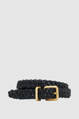 Front product shot of the Oroton Remi Woven 20MM Belt in Black and Premium soft crackle leather for Women .