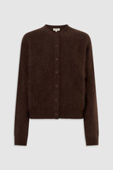 Front product shot of the Oroton Cashmere Blend Cardigan in Dark Chocolate and 70% ultra-fine merino wool and 30% cashmere blend fabric for Women .
