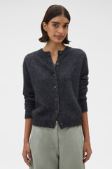 Profile view of model wearing the Oroton Cashmere Blend Cardigan in Charcoal and 70% ultra fine merino wool and 30% cashmere blend fabric for Women .