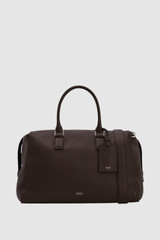 Front product shot of the Oroton Paxton Weekender in Dark Chocolate and Premium pebble leather for Men .