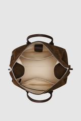 Internal product shot of the Oroton Paxton Suede Weekender in Husk Brown and Premium Grade A velvet-finish cow suede leather for Men .