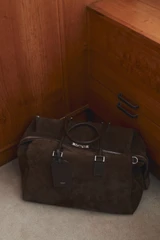 Detail product shot of the Oroton Paxton Suede Weekender in Husk Brown and Premium Grade A velvet-finish cow suede leather for Men .