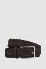 Front product shot of the Oroton Freddie Woven Suede 35MM Belt in Dark Chocolate and Premium cow suede leather for Men .