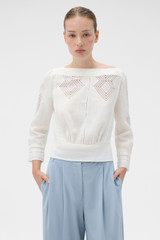 Profile view of model wearing the Oroton Drawn Thread Detail Blouse in White and 100% linen fabric for Women .
