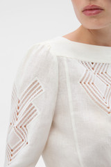 Profile view of model wearing the Oroton Drawn Thread Detail Blouse in White and 100% linen fabric for Women .