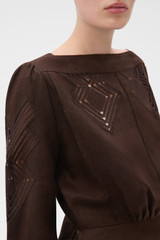 Profile view of model wearing the Oroton Drawn Thread Detail Blouse in Dark Chocolate and 100% linen fabric for Women .