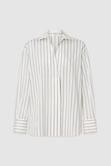 Front product shot of the Oroton Fluid Stripe Shirt in Milk and 57% rayon, 25% polyester, and 18% nylon blend fabri for Women .