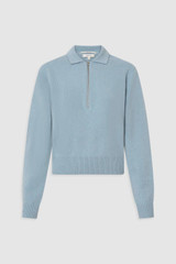 Front product shot of the Oroton Long Sleeve Zip Polo in Twilight Blue and 100% mid-gauge merino wool fabric for Women .