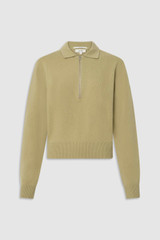 Front product shot of the Oroton Long Sleeve Zip Polo in Haystack and 100% mid-gauge merino wool fabric for Women .