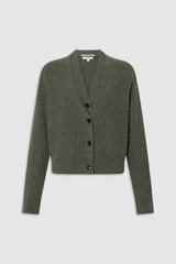Front product shot of the Oroton V-Neckline Cardigan in Soft Khaki and 100% mid-gauge merino wool fabric for Women .