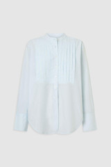 Front product shot of the Oroton Washed Pleated Shirt in Soft Blue and 100% soft cotton fabric for Women .