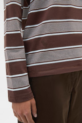 Profile view of model wearing the Oroton Long Sleeve Stripe Tee in Chocolate and 100% cotton fabric for Women .
