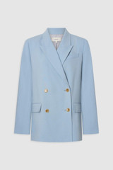 Front product shot of the Oroton Double Breasted Blazer in Twilight Blue and 95% wool and 5% Lycra blend fabri for Women .