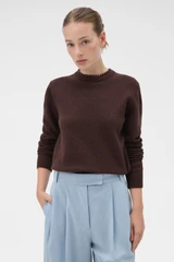 Profile view of model wearing the Oroton Embellished Rib Knit Crew in Dark Chocolate and 100% merino wool fabric for Women .