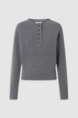 Front product shot of the Oroton Rib Knit Henley in Grey Marle and 100% supersoft merino wool fabric for Women .